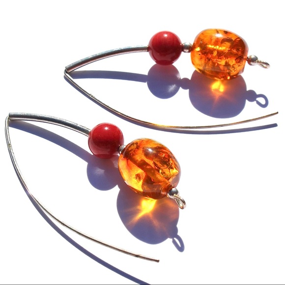 Amber & Red Jasper Sterling Silver Drop Earrings Long Ear Wire - Picture 2 of 4